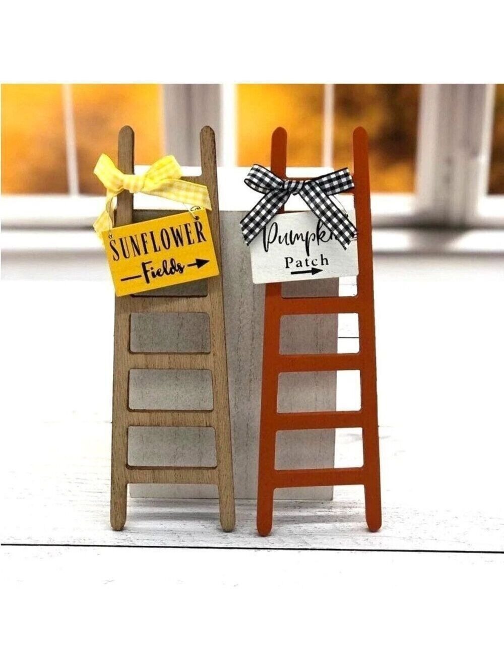 Fall Mini Ladder Signs Set 2pc Sunflower Pumpkin Patch 11in Tier Tray Decor
